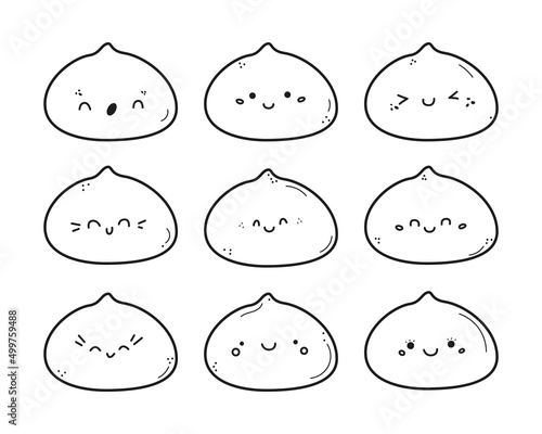 Cute mochi icon vector set. Cartoon funny characters with kawaii faces. Japanese traditional rice dessert. Mochi illustration in sketchy doodle style isolated on white background