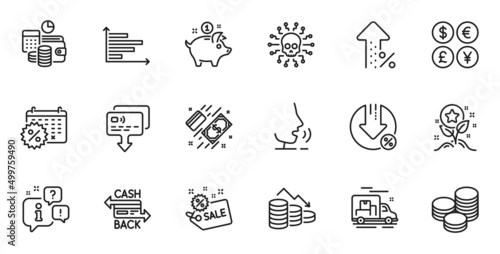 Outline set of Payment, Loan percent and Sale line icons for web application. Talk, information, delivery truck outline icon. Include Calendar discounts, Budget accounting, Cyber attack icons. Vector