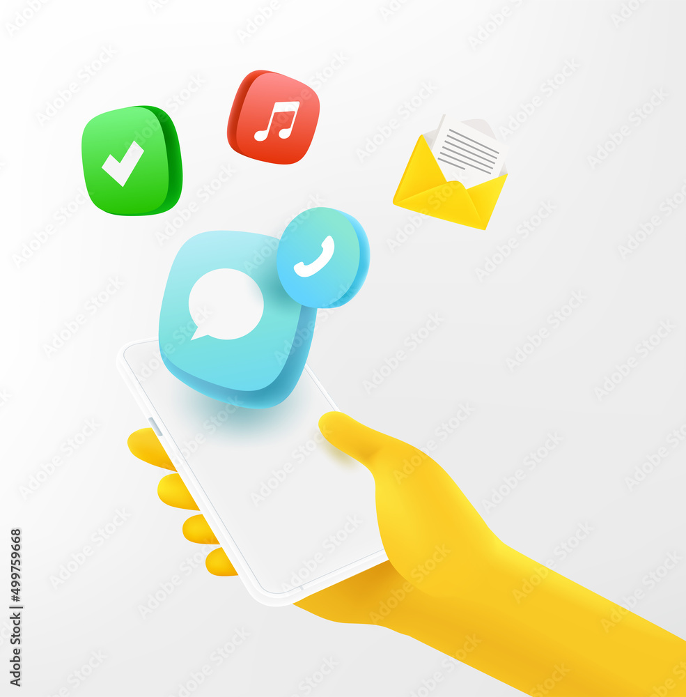 Using modern smartphone with different applications concept. 3d vector illustration Using modern smartphone with different applications concept. 3d vector illustration