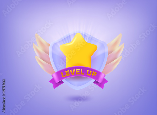 Level up concept. Rating badge 3d vector illustration with golden star, ribbon and shield