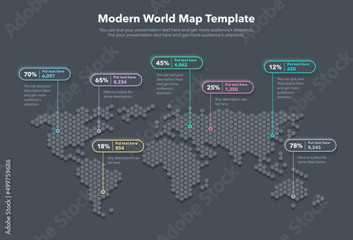 Fototapeta Naklejka Na Ścianę i Meble -  Modern world map template with colorful pointer marks and statistics - dark version. Easy to use for your design or presentation.
