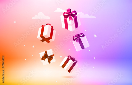 Anniversary concept with gift boxes. 3d vector objects with levitation effect