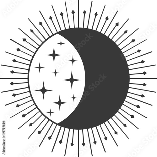 Crescent moon on starry sky in circle with sun rays