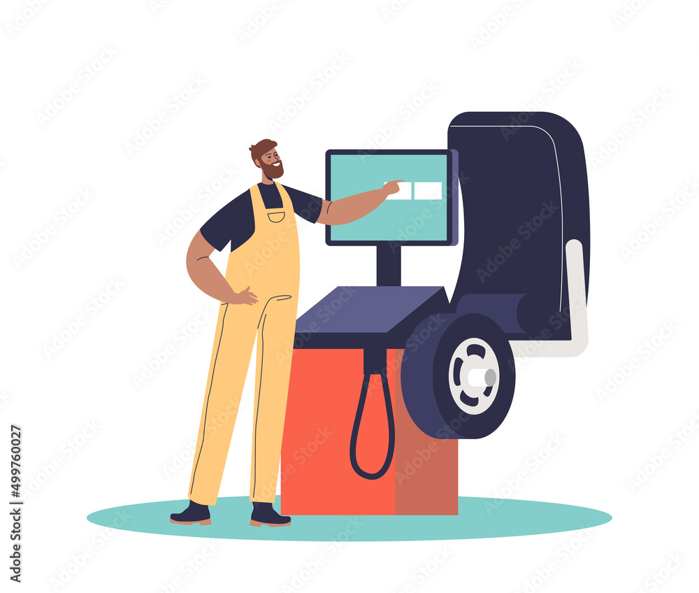 Mechanic in garage fitting car tire before mounting. Wheels and tyre fitter service Mechanic in garage fitting car tire before mounting. Wheels and tyre fitter service