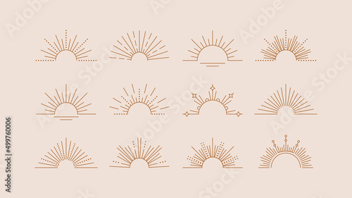 Sun rays line design elements. Vector linear icons in minimal boho style. Half circle shapes logos. Sunset or sunrise symbols set.