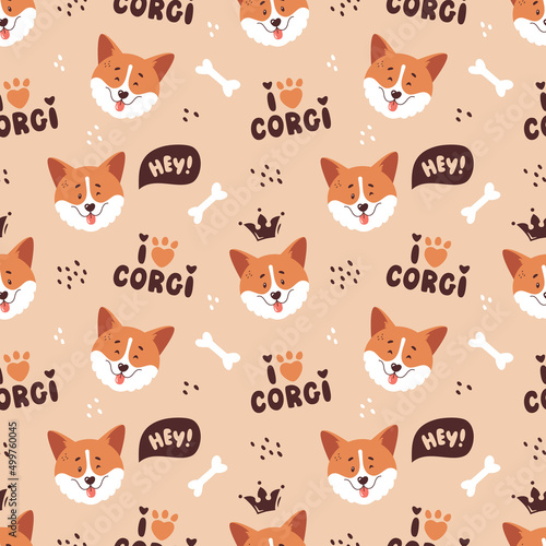 Corgi seamless pattern. Cute smiling welsh corgi faces and hand drawing letterings. Happy dog characters. Trendy vector background.