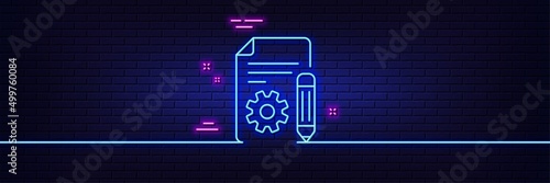 Neon light glow effect. Documentation line icon. Technical instruction sign. 3d line neon glow icon. Brick wall banner. Documentation outline. Vector