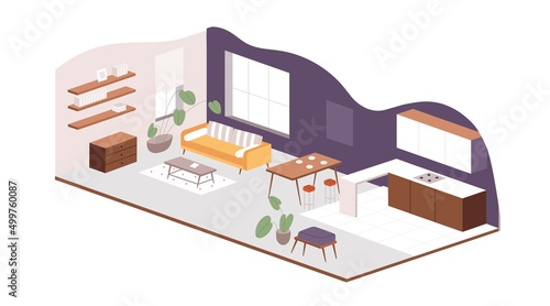 Home room interior design. Blended living and dining area of apartment. Lounge and kitchen with modern furniture. Open-plan house project. Flat vector illustration isolated on white background