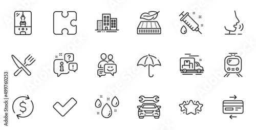 Outline set of Food, Lightweight mattress and Credit card line icons for web application. Talk, information, delivery truck outline icon. Include Car, Buildings, Crane claw machine icons. Vector