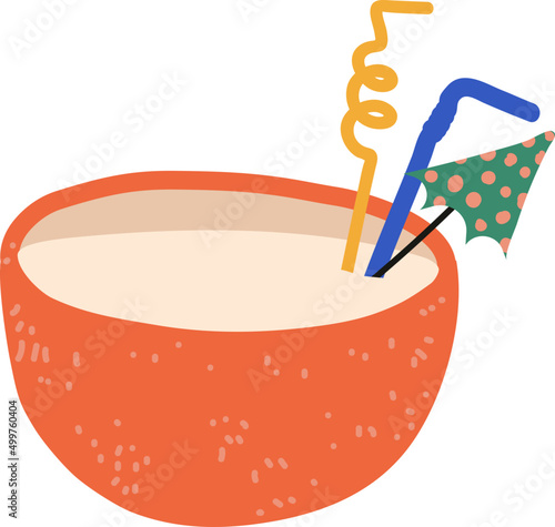 Cocktail in Bowl with Straw and Umbrella as Summer Refreshing Drink Vector Illustration