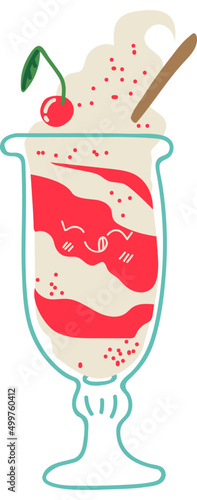 Sweet Dessert in Glass with Whipped Cream and Cherry on Top Vector Illustration