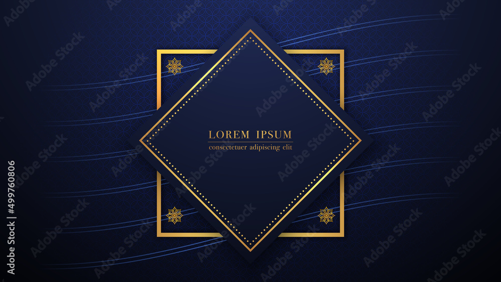 Naklejka premium Dark blue square shape with gold lines, overlapping circles pattern luxury abstract background. Vector illustration