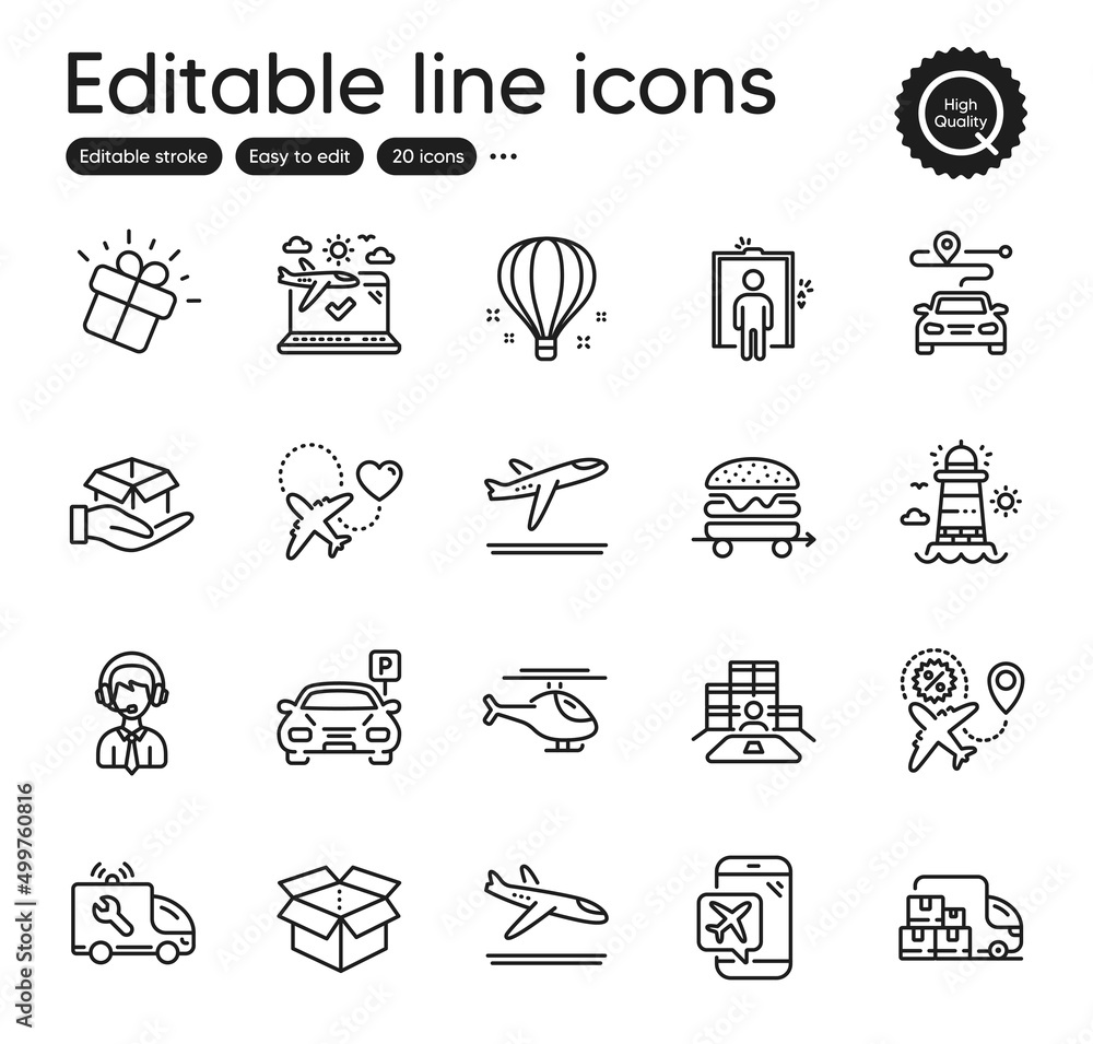 Set of Transportation outline icons. Contains icons as Open box, Shipping support and Inventory elements. Helicopter, Gift, Lighthouse web signs. Parking, Flight sale, Car service elements. Vector