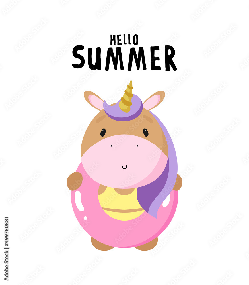 Cute Unicorn with Rubber Swimming Ring. Vector illustration in cartoon style. Cute Unicorn with Rubber Swimming Ring. Vector illustration in cartoon style.