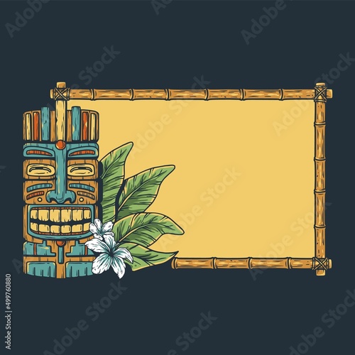 Tiki background with tiki mask, tropical frame and exotic leaves for summer hawaii surfing or beach bar