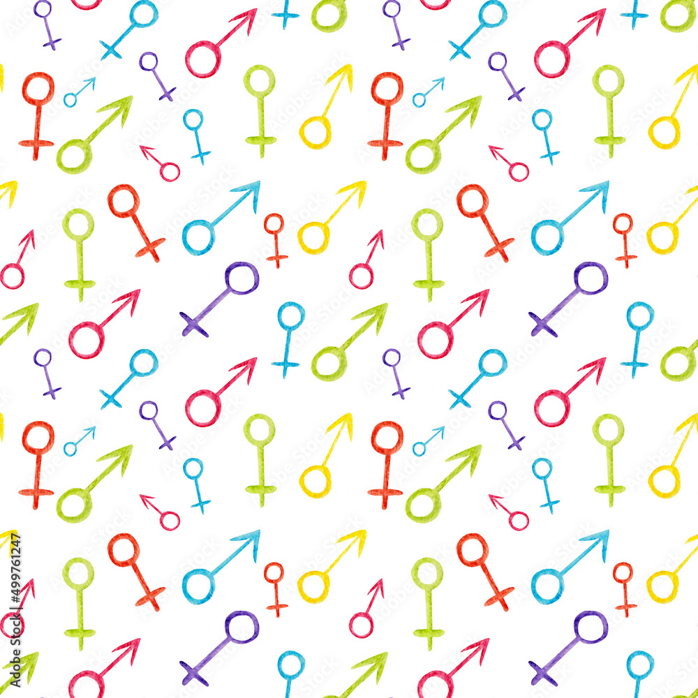 Watercolor seamless pattern, bright gender symbols in lgbt colors on a white background. Pattern for the month of pride.