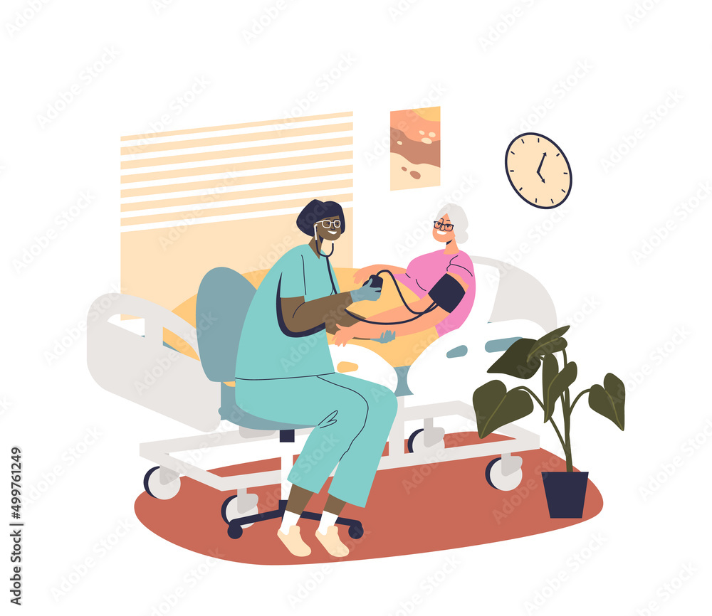 Nurse examining senior patient lady with stethoscope. Old female on medical treatment in hospital - obrazy, fototapety, plakaty 