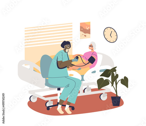 Nurse examining senior patient lady with stethoscope. Old female on medical treatment in hospital