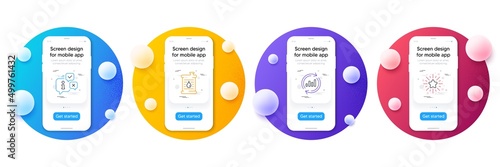 Minimal set of Info, Oil barrel and Update data line icons for web development. Phone ui interface mockup with balls. Twinkle star icons. Information chat, Gasoline fuel, Sales chart. Vector