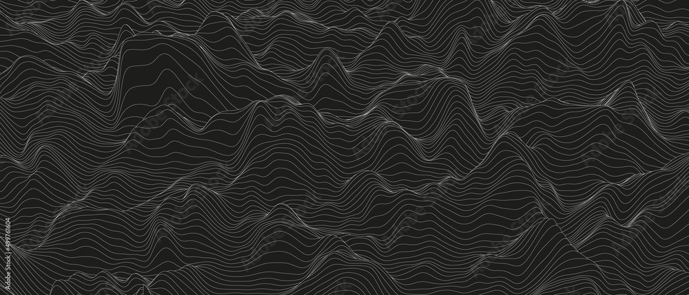 Abstract background with distorted line shapes on a black background. Monochrome sound line waves. Abstract background with distorted line shapes on a black background. Monochrome sound line waves.