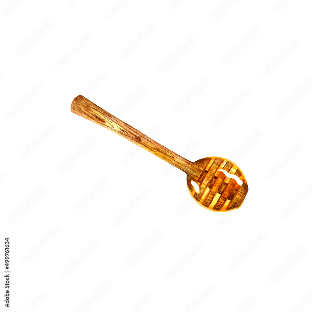 Realistic liquid honey dripping from a wooden dipper. A golden drop of honey, a wooden spoon of sticky syrup. Watercolor Realistic liquid honey dripping from a wooden dipper. A golden drop of honey, a wooden spoon of sticky syrup. Watercolor