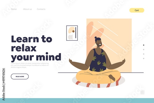 Meditate to relax mind concept of landing page with man sit in lotus yoga pose with closed eyes