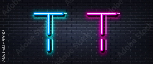 Initial letter T icon. Neon light line effect. Line typography character sign. Large first font letter. Glowing neon light element. Letter T glow 3d line. Brick wall banner. Vector