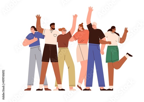 Happy diverse people portrait. Group of young international friends standing together. Social unity. Multiracial team. Positive community. Flat vector illustration isolated on white background