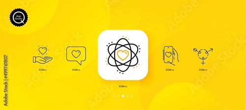 Love message, Genders and Hold heart minimal line icons. Yellow abstract background. Dating app, Atom icons. For web, application, printing. Dating service, Inclusion, Love brand. Electron. Vector