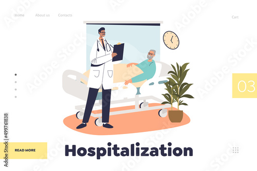 Hospitalization concept of landing page with doctor visit old patient in intensive therapy hospital