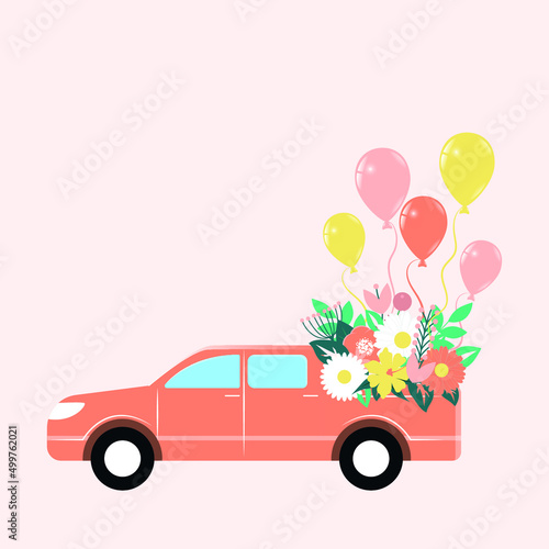 pickup truck full of flowers and balloons. a pickup truck with a bouquet of flowers going to the holiday.
