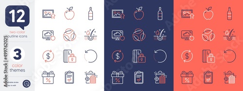 Set of Recovery data, Checklist and Upload photo line icons. Include Usd exchange, Seo shopping, Discount offer icons. Blocked card, Leaves, Recovery cloud web elements. Serum oil. Vector