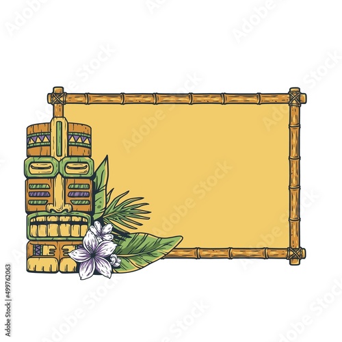 Tiki background with tiki mask, tropical frame and exotic leaves for summer hawaii surfing or beach bar