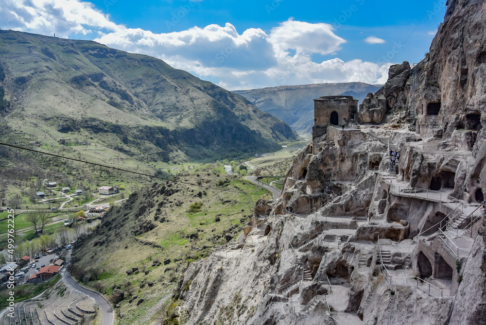 Bird's-eye view of the cave city of Vardzia. Vardzia-cave monastery in South Georgia, April 30, 2019, Georgia. Bird's-eye view of the cave city of Vardzia. Vardzia-cave monastery in South Georgia, April 30, 2019, Georgia.