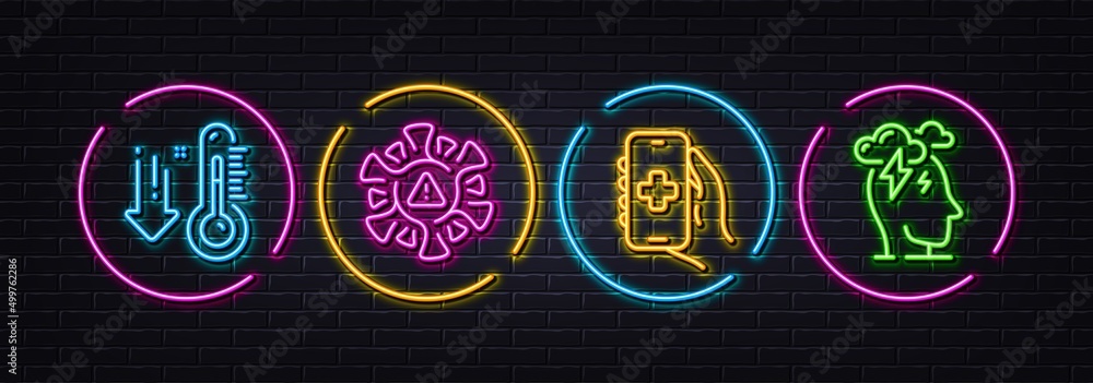 Coronavirus, Health app and Low thermometer minimal line icons. Neon laser 3d lights. Stress icons. For web, application, printing. Covid warn, Healthcare phone, Temperature control. Vector