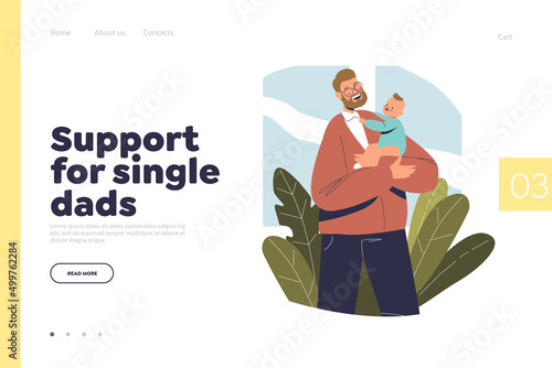 Support for single dad concept of landing page with father playing with baby kid on paternity leave