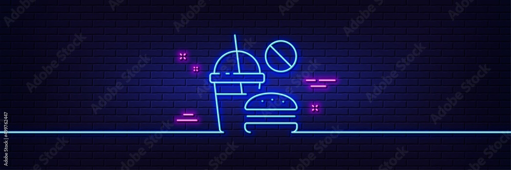Neon light glow effect. Stop Fast food line icon. Hamburger with soda drink sign. Unhealthy burger symbol. 3d line neon glow icon. Brick wall banner. Fast food outline. Vector Neon light glow effect. Stop Fast food line icon. Hamburger with soda drink sign. Unhealthy burger symbol. 3d line neon glow icon. Brick wall banner. Fast food outline. Vector