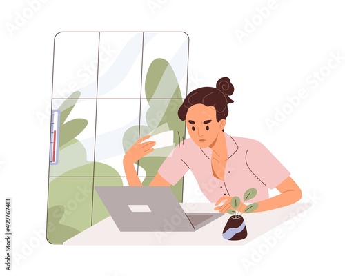 Woman works at laptop, sweating from heat, hot weather, high temperature. Office worker working at computer, fanning at indoor workplace. Flat vector illustration isolated on white background