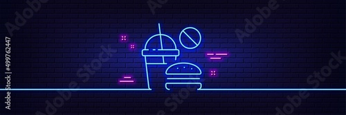 Neon light glow effect. Stop Fast food line icon. Hamburger with soda drink sign. Unhealthy burger symbol. 3d line neon glow icon. Brick wall banner. Fast food outline. Vector