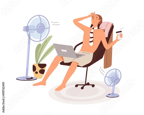 Man works in hot weather, sitting undressed in chair with fans blowing, cooling air. Employee, office worker sweating, tired with heat, summer. Flat vector illustration isolated on white background