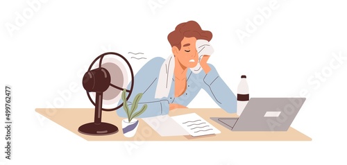 Tired person works in heat. Summer workday in office. Exhausted employee at laptop with fan in hot weather. Woman languish with high temperature. Flat vector illustration isolated on white background