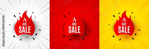 Hot sale banner. Flash offer banner, coupon or poster. Discount sticker shape. Coupon tag icon. Hot sale promo banner. Retail marketing flyer. Starburst pop art. Vector