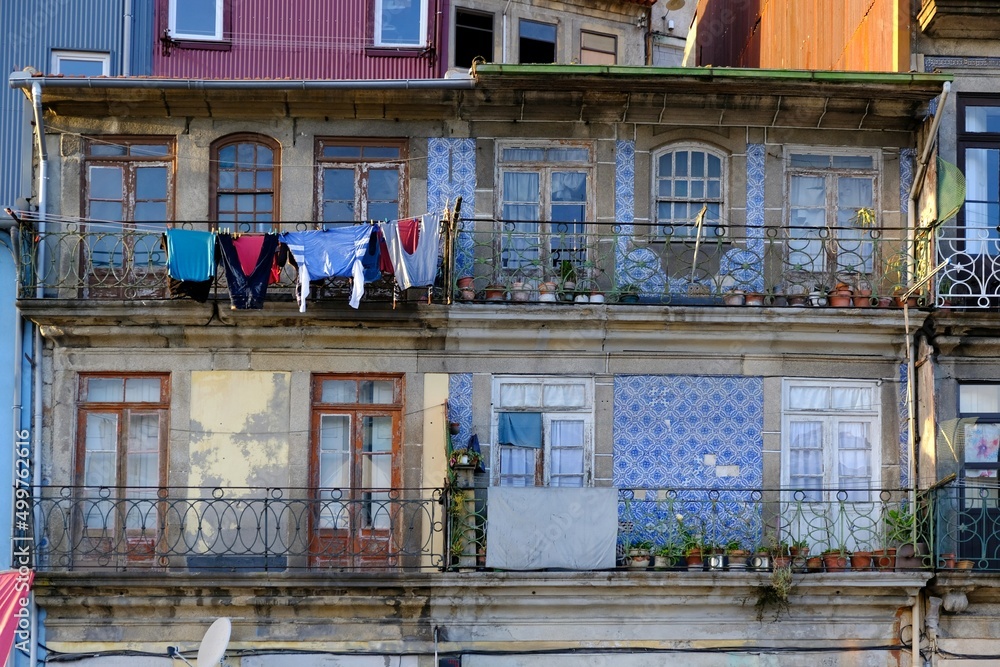Facade of traditional buildings in Porto, Portugal