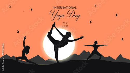 Illustration Of International yoga day June 21. sunrise banner background.