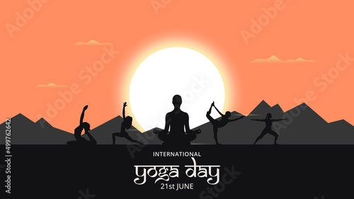 International Yoga Day vector illustration, sunrise banner background.