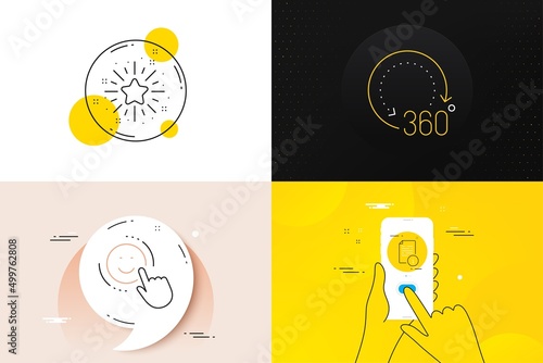 Minimal set of Twinkle star, 360 degrees and Manual line icons. Phone screen, Quote banners. Smile icons. For web development. Best ranking, Panoramic view, Read file. Positive feedback. Vector