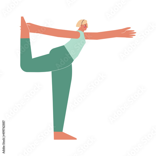 Vector illustration with flat Female young character. Sportive blonde woman learns stretching posture and does Lord of the Dance Pose at yoga class. Balancing exercise for beginners - Natarajasana