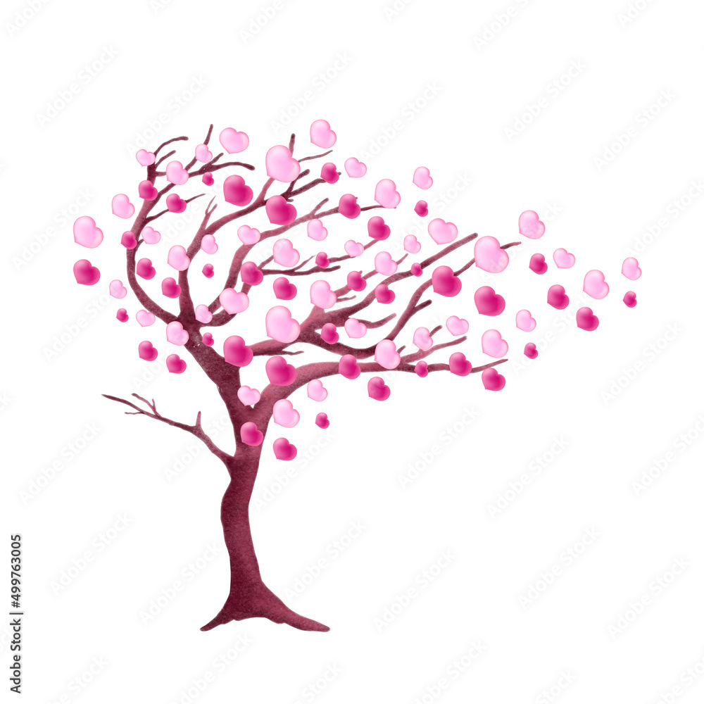 Fototapeta premium Tree with heart leaves on white background,perfect for greeting cards, party invitations, embellishments, handicrafts, stationery, scrapbooking, posters, stickers, t-shirts.