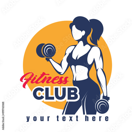 Fitness Logo with training woman isolated on White Background