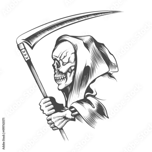 Skull in a Hood with Scythe Tattoo isolated on White
